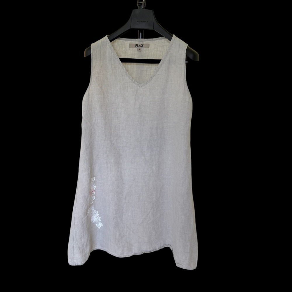 FLAX Linen Dress Small Oatmeal Beige V-Neck Sleeveless Custom Paint